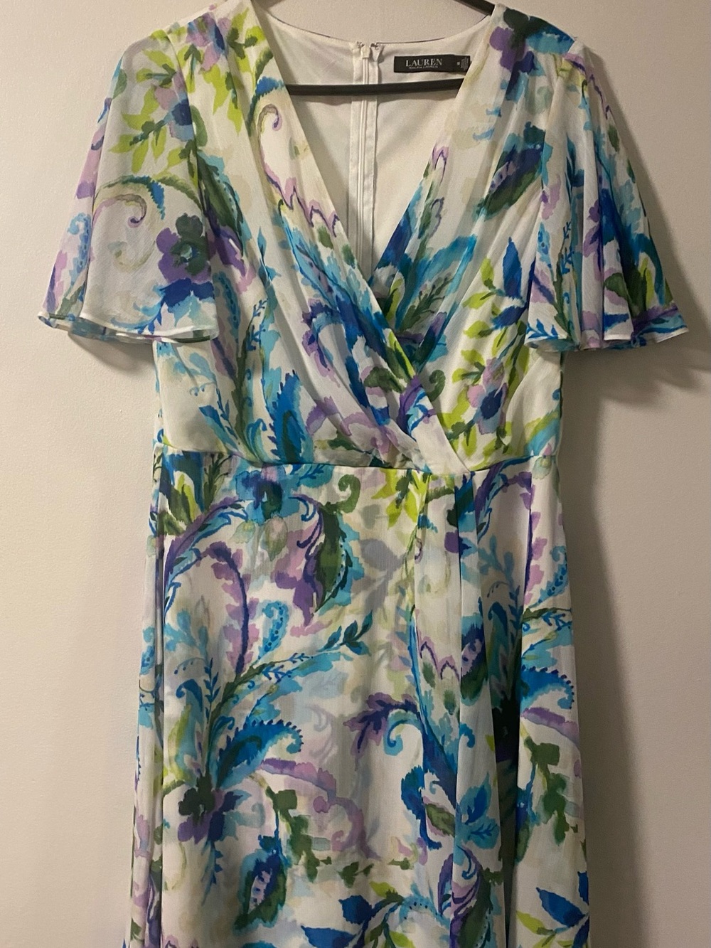 Ralph Lauren White knee length Dress with Blue, Green & Purple Floral Print
